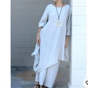 Bryn walker Naida Linen 3/4 Sleeve Asymmetrical Tunic midi dress beige medium